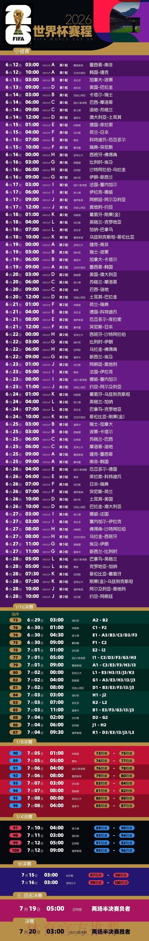 2026世界杯比赛时间一览完整安排怎么查 2026世界杯比赛时间一览完整安排怎么查